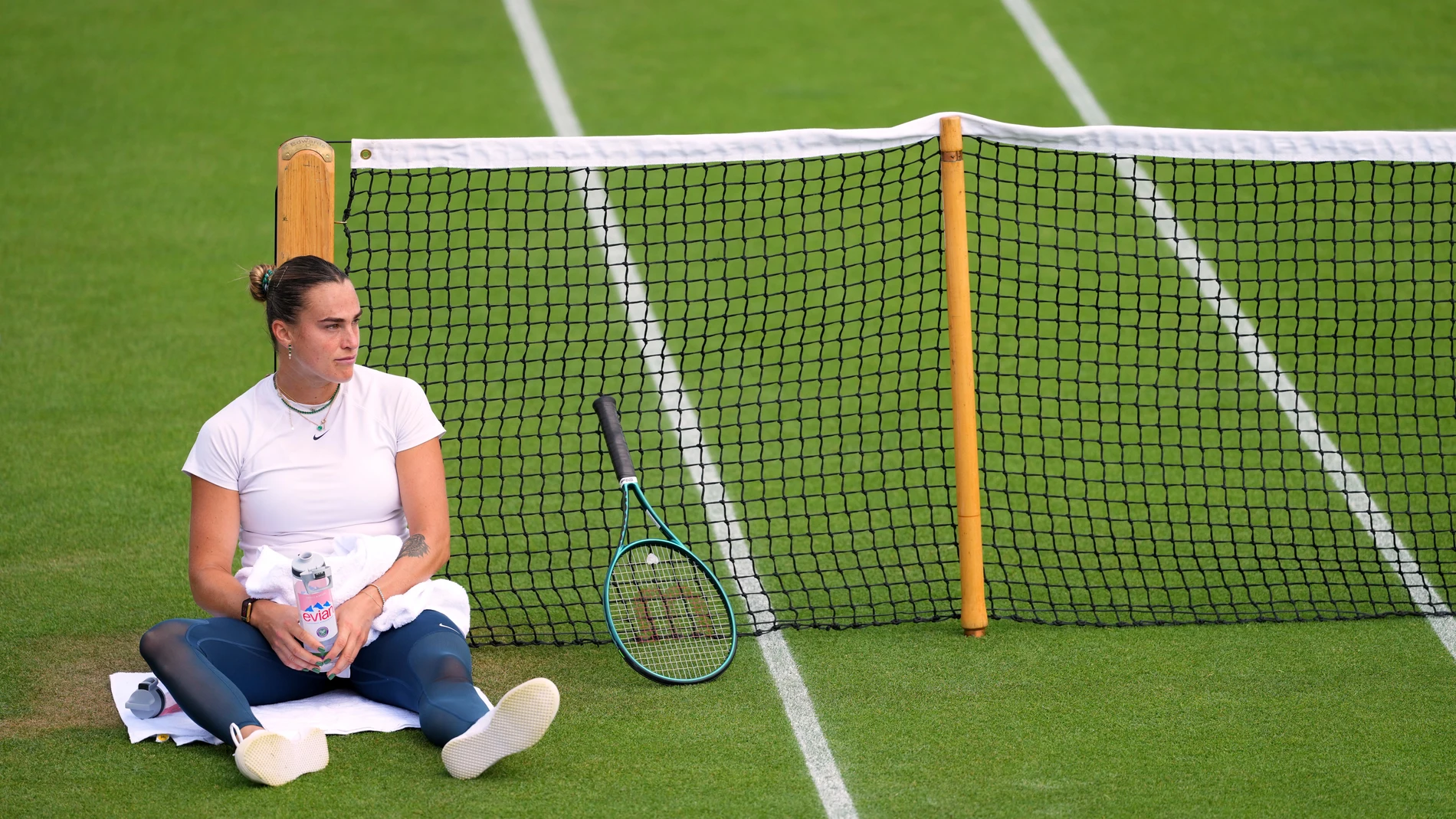 Aryna Sabalenka of Belarus during a practice session at the All England Lawn Tennis and Croquet Club, ahead of the Wimbledon Championships in London, Wednesday, June 25, 2025. (AP Photo/Kirsty Wigglesworth)