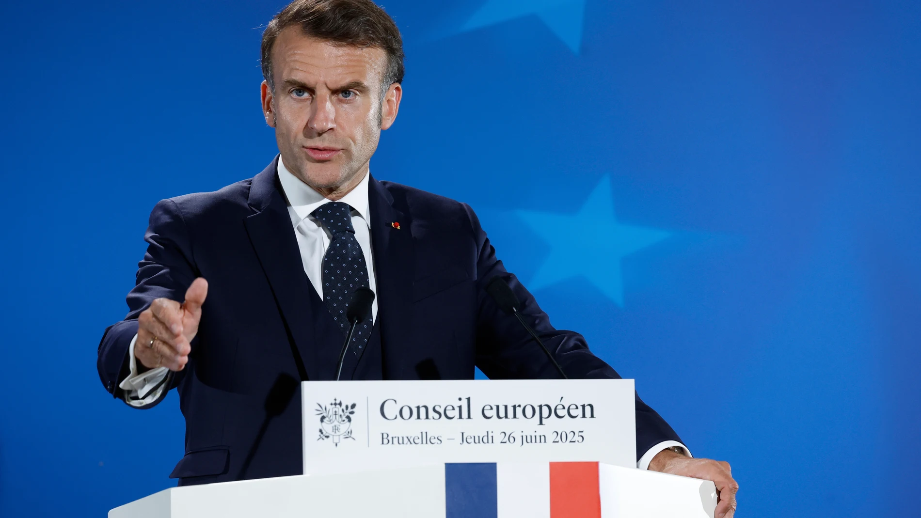 French President Emmanuel Macron addresses a media conference at an EU summit in Brussels, Friday, June 27, 2025. (AP Photo/Omar Havana)