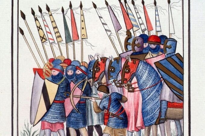 Miniatura de un ejército castellano dispuesto para batalla, Cántigas de Santa María.