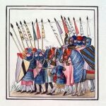 Miniatura de un ejército castellano dispuesto para batalla, Cántigas de Santa María.