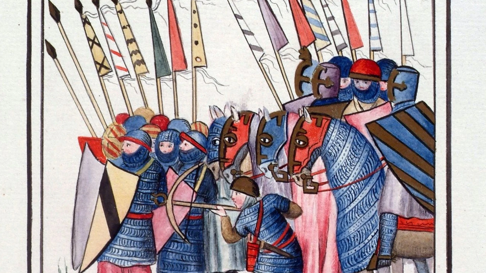 Miniatura de un ejército castellano dispuesto para batalla, Cántigas de Santa María.