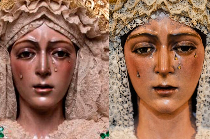 Imagen del antes y el despues de la talla de la Esperanza Macarena 