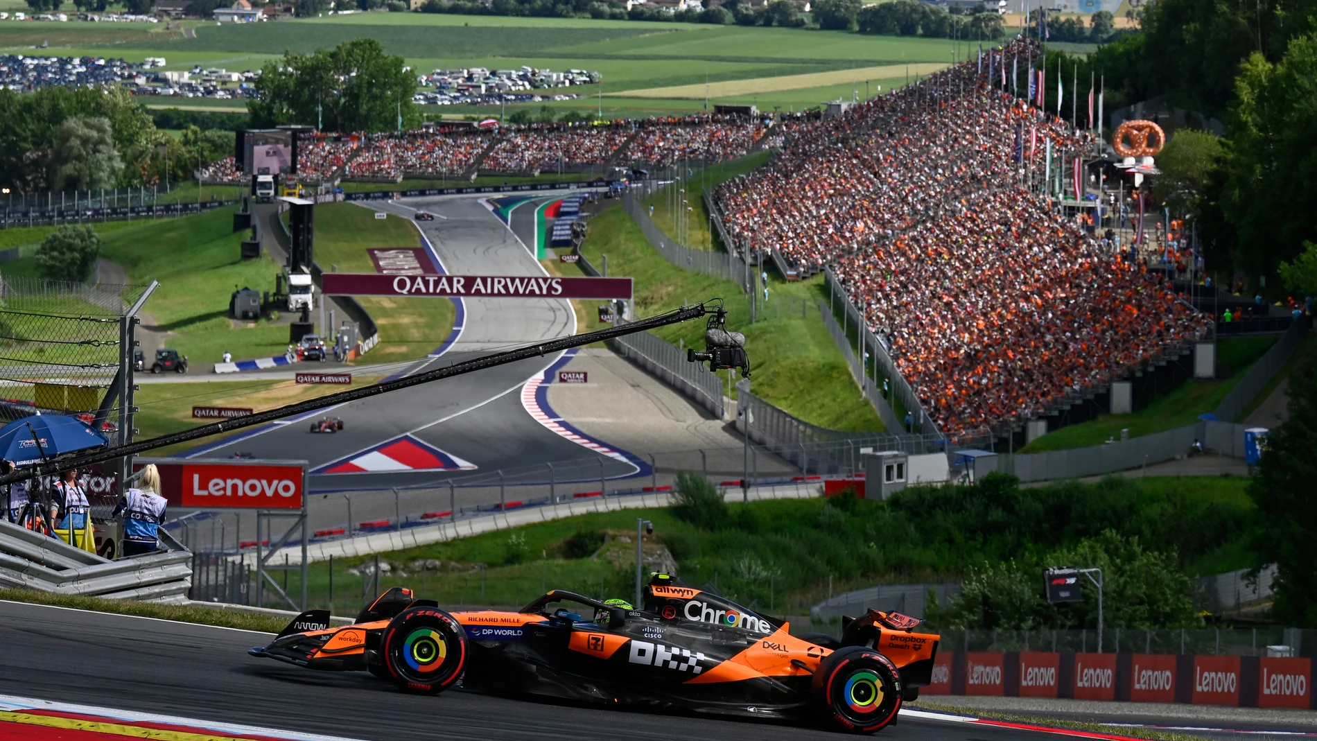 McLaren driver Lando Norris of Britain in action during the qualifying at the Red Bull Ring racetrack, ahead of the Austrian Formula One Grand Prix in Spielberg, Austria, Saturday, June 28, 2025. (AP Photo/Denes Erdos)