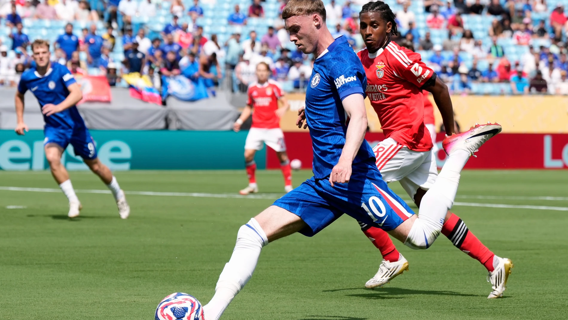 Chelsea's Cole Palmer shoots during the Club World Cup round of 16 soccer match between Benfica and Chelsea in Charlotte, N.C., Saturday, June 28, 2025. (AP Photo/Chris Carlson)