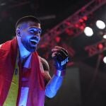 Ilia Topuria celebrates after defeating Charles Oliveira in a lightweight title fight at UFC 317, Saturday, June 28, 2025, in Las Vegas. 