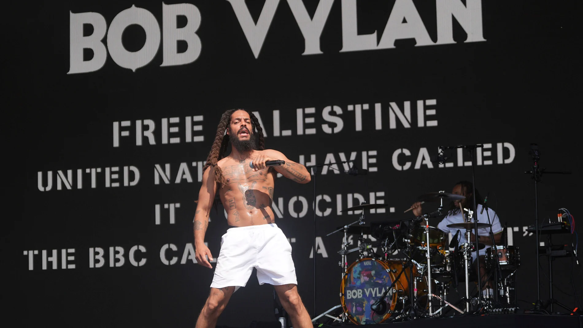 Bob Vylan perform on the West Holts Stage, during the Glastonbury Festival at Worthy Farm in Somerset. England, Saturday, June 28, 2025. (Yui Mok/PA via AP)