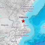 Mapa que señaliza el terremoto de magnitud 2.7 registrado en la localidad valenciana de Almussafes.