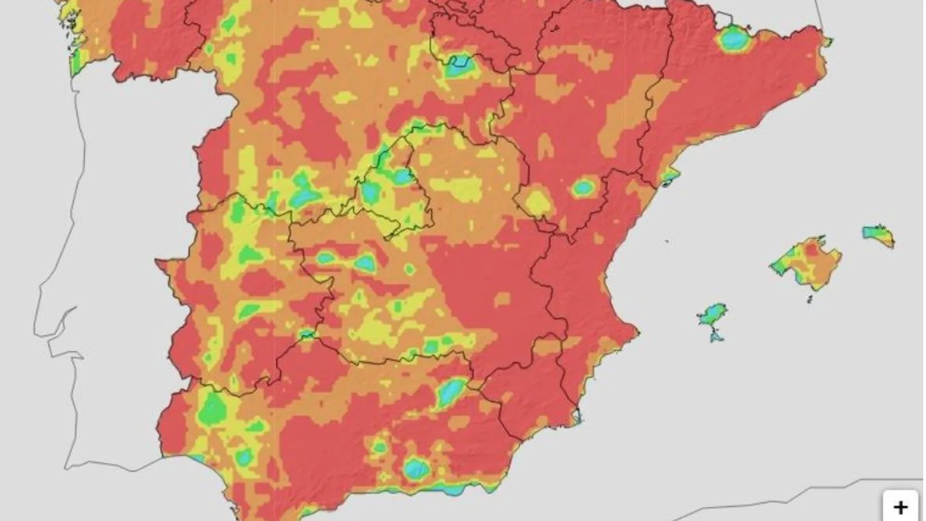 Mapa de riesgo de incendios forestales para hoy en la España peninsular y Baleares