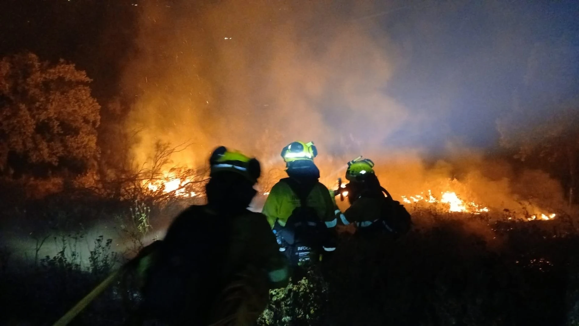 Tareas de lucha contra el incendio forestal en Montecorto durante la noche del viernes al sábado.