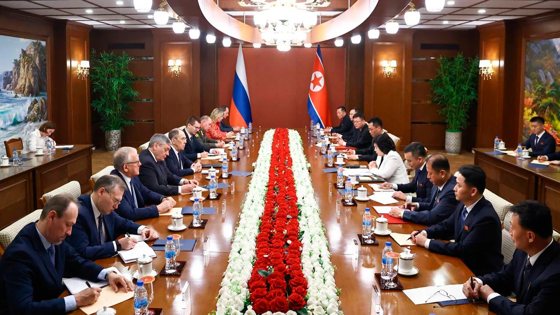 In this photo released by Russian Foreign Ministry Press Service, Russian Foreign Minister Sergey Lavrov, fifth left, and North Korean Foreign Minister Choe Son Hui, fifth right, attend the talks in Wonsan, North Korea, on Saturday, July 12, 2025. (Russian Foreign Ministry Press Service via AP)