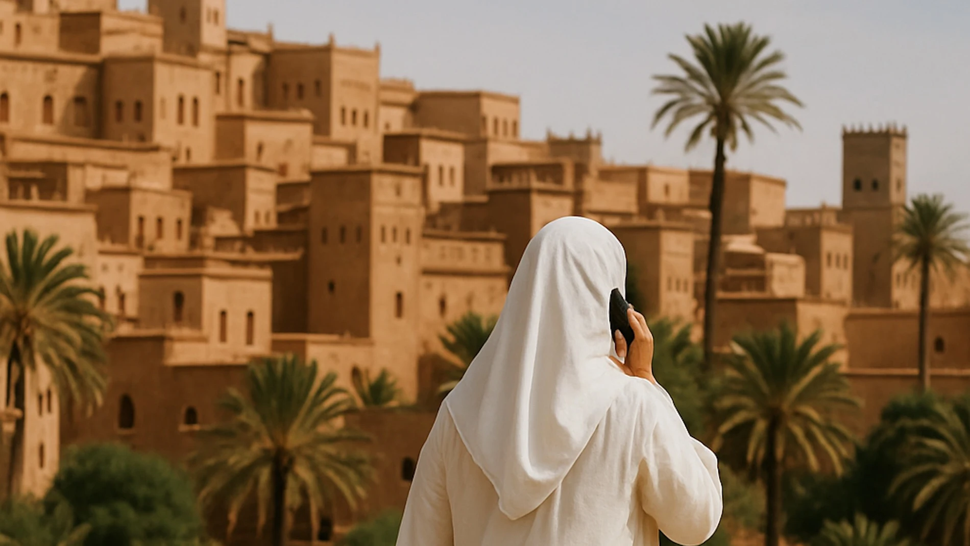 Mujer hablando por teléfono en Marruecos