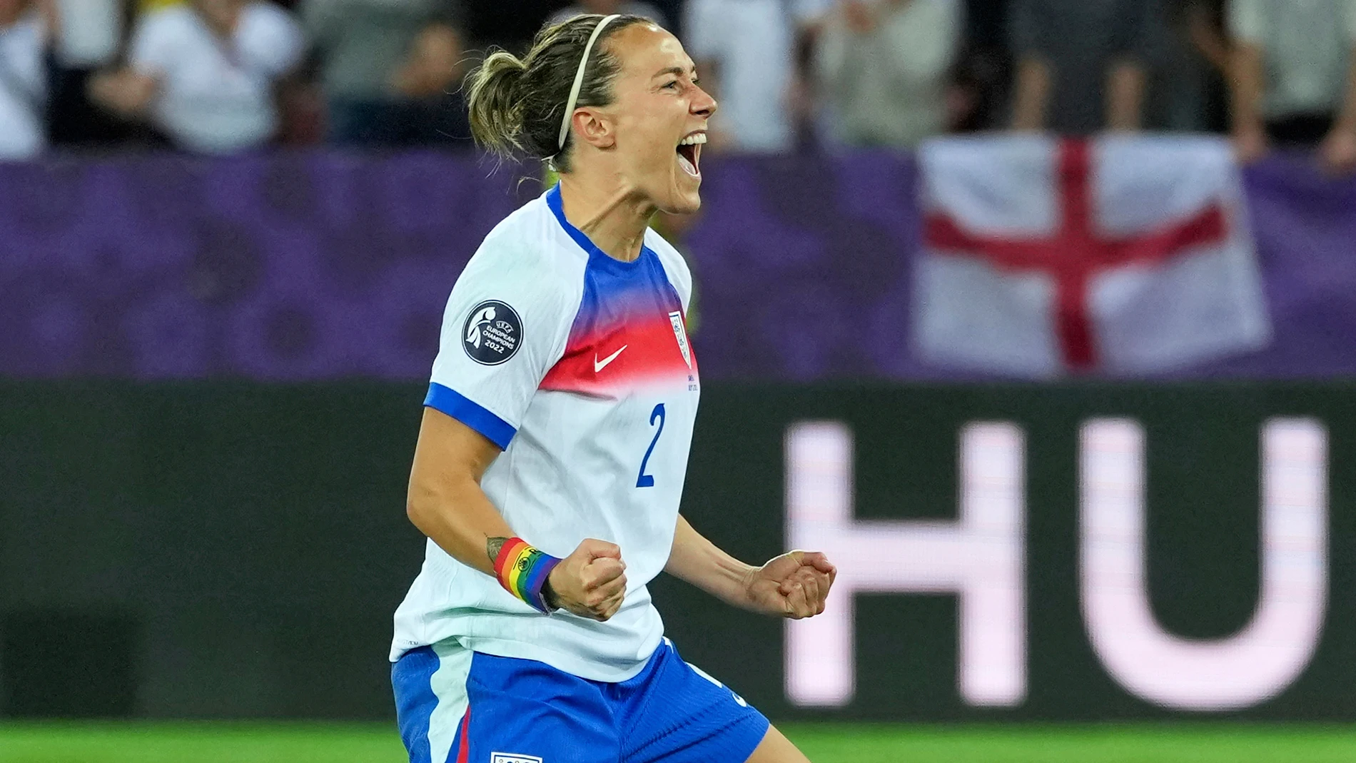 England's Lucy Bronze celebrates after scoring a penalty during a shootout of the Women's Euro 2025 quarterfinals soccer match between Sweden and England at Stadion Letzigrund in Zurich, Switzerland, Thursday, July 17, 2025. (AP Photo/Martin Meissner)