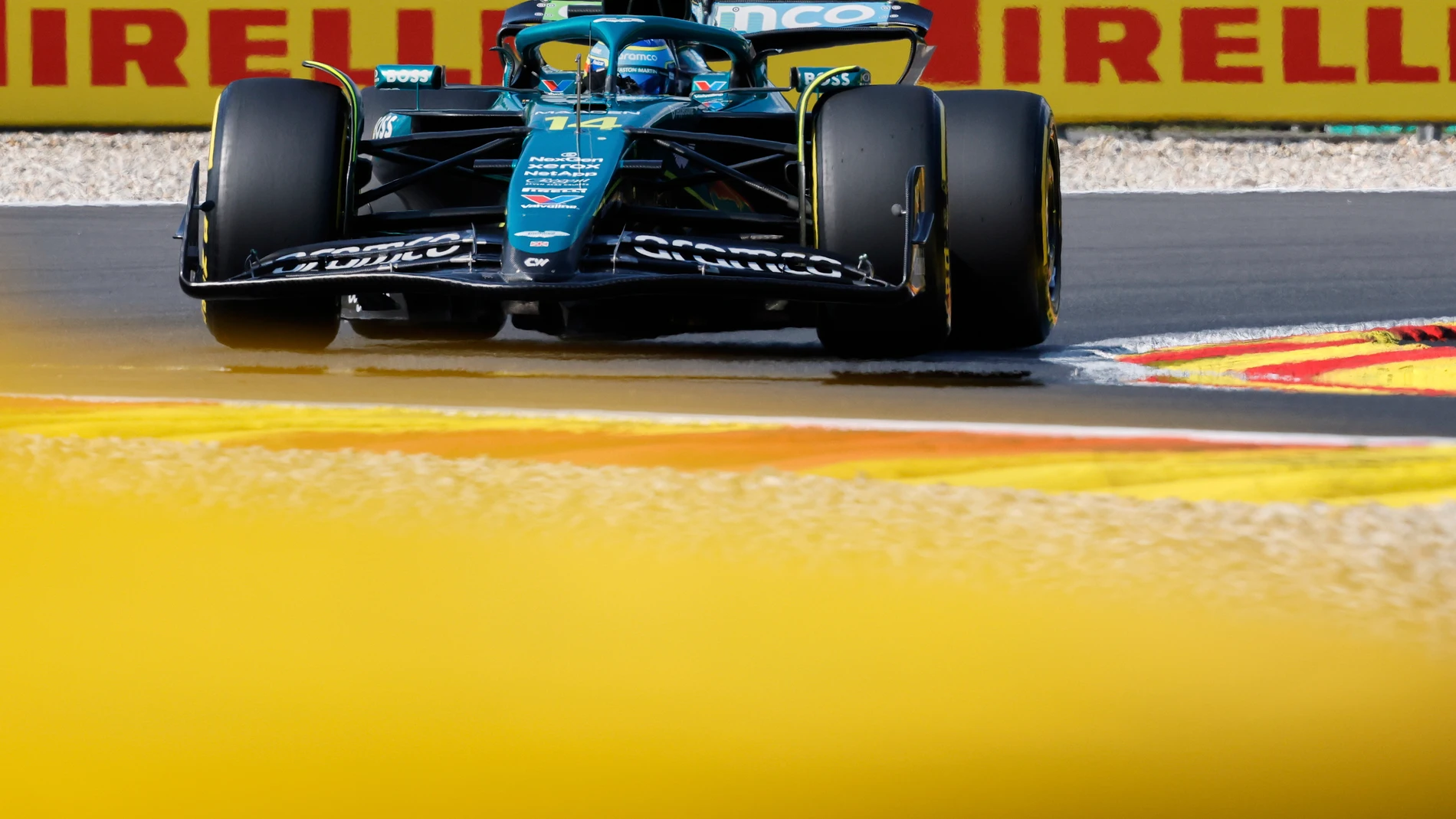 Aston Martin driver Fernando Alonso of Spain steers his car during the sprint qualification ahead of the Formula One Grand Prix at the Spa-Francorchamps racetrack in Spa, Belgium, Friday, July 25, 2025. (AP Photo/Geert Vanden Wijngaert)