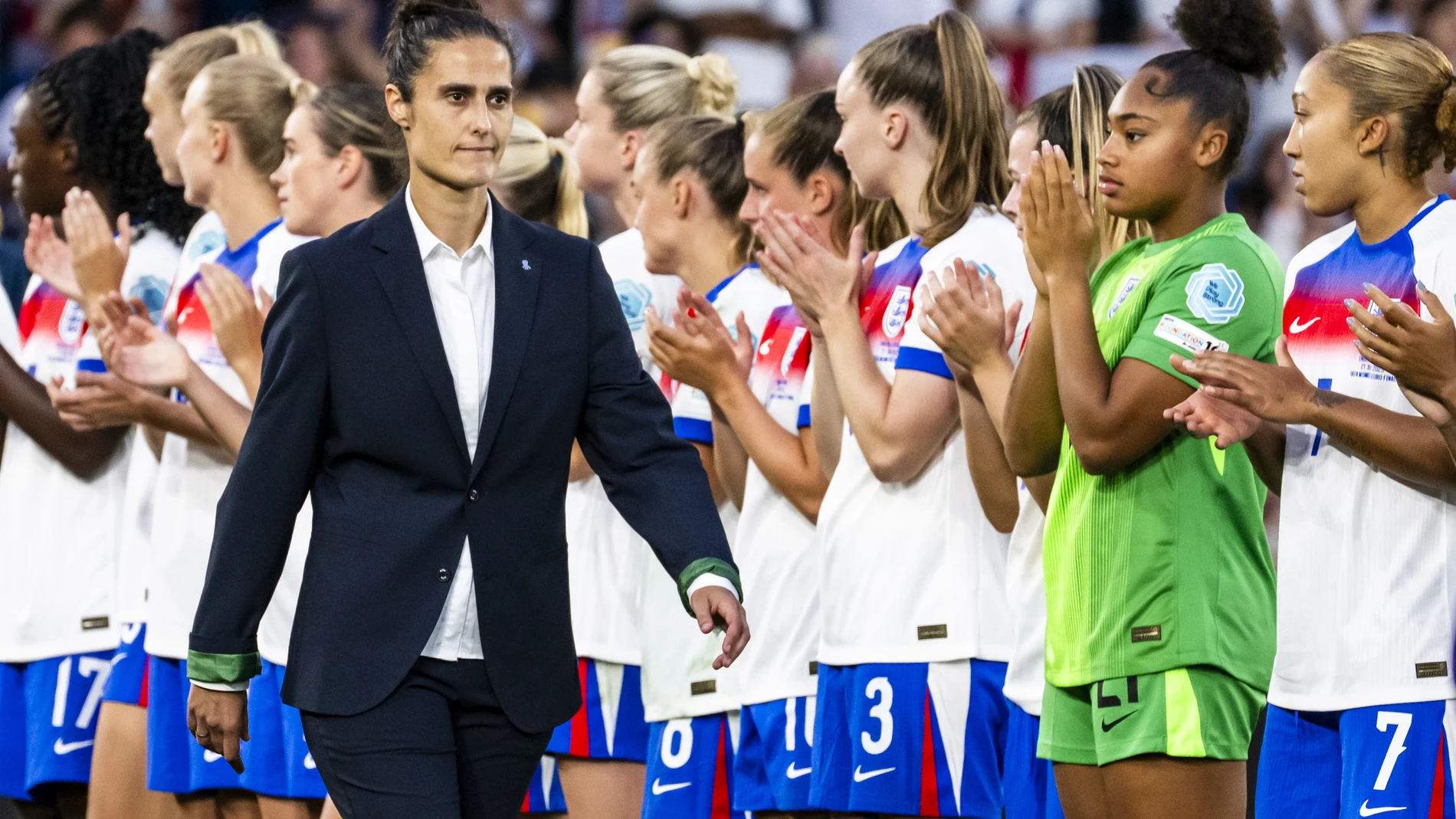 Basel (Switzerland), 28/07/2025.- Spain's head coach Montserrat Tome walks next to the podium after losing the UEFA Women's EURO 2025 final soccer match between England and Spain, in Basel, Switzerland, 27 July 2025. (España, Suiza, Basilea) EFE/EPA/JEAN-CHRISTOPHE BOTT