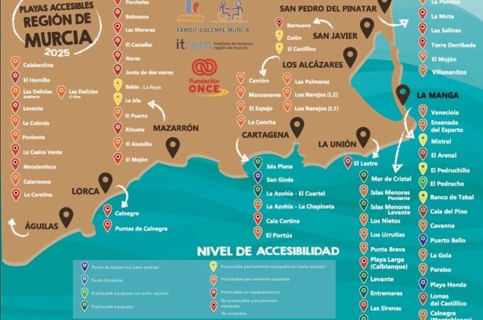 MURCIA.-Casi una veintena de playas evaluadas por Famdif son de difícil acceso y 8 continúan siendo no accesibles