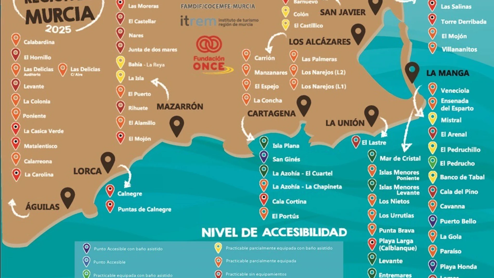 MURCIA.-Casi una veintena de playas evaluadas por Famdif son de difícil acceso y 8 continúan siendo no accesibles