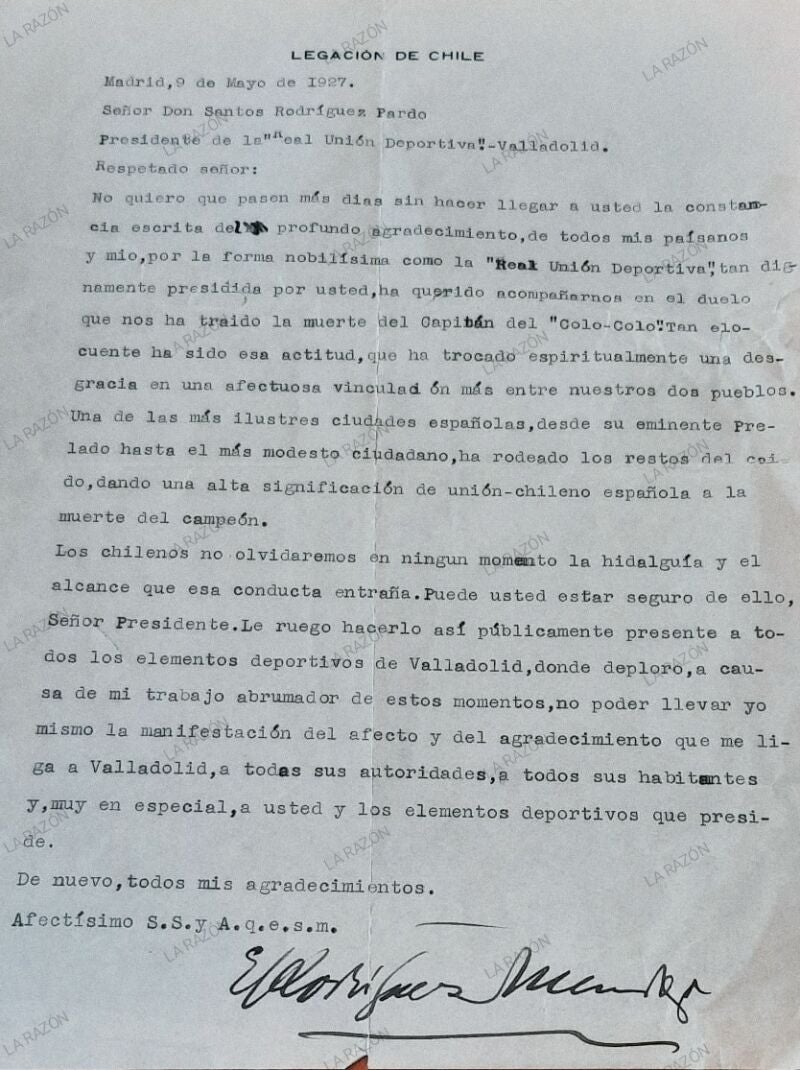 Carta de agradecimiento del Colo Colo chileno al Real Unión Deportiva de Valladolid