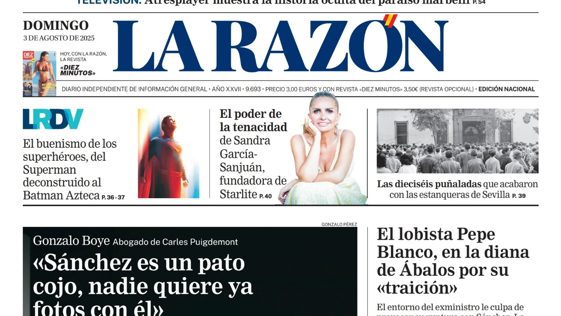 Portada de LA RAZÓN del domingo 3 de agosto de 2025