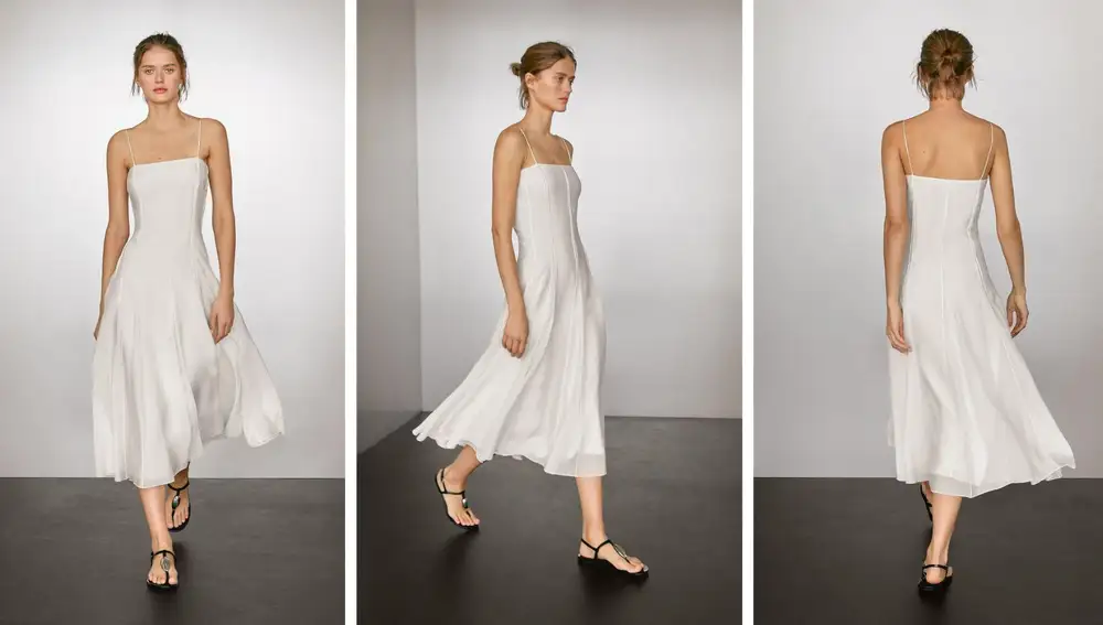 Vestido blanco de tirantes finos y tejido vaporoso (99,95€)