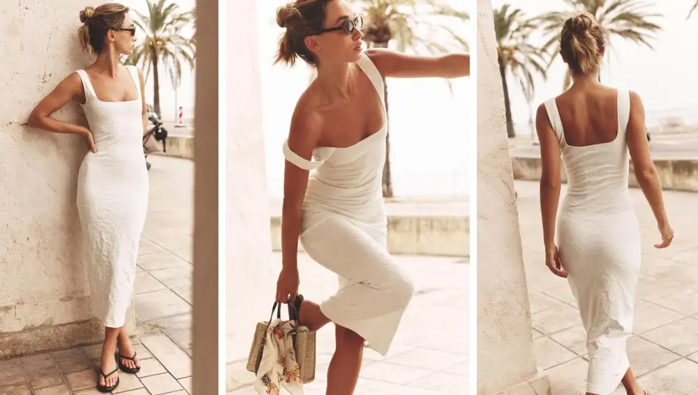 Vestido blanco entallado con escote cuadrado y textura (25,95€)