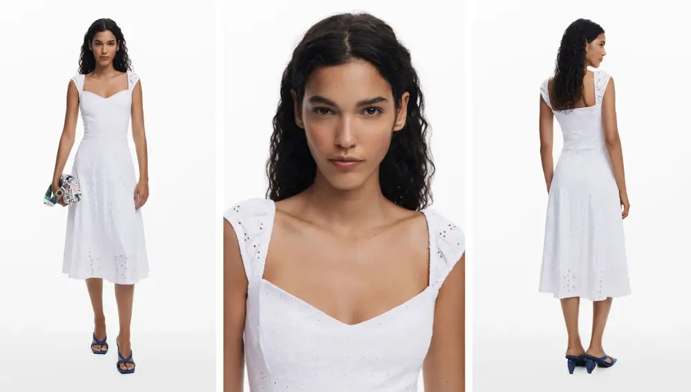 Vestido blanco con bordados y escote corazón (90,30€)