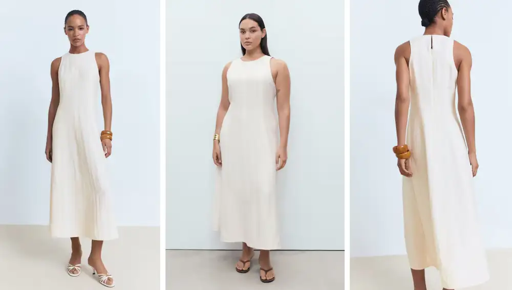 Vestido blanco de corte evasé y cuello caja (49,99€)