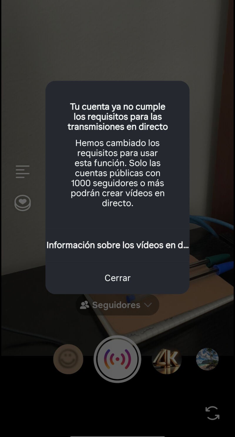 Mensaje que arroja la app de Instagram al tratar de iniciar un live