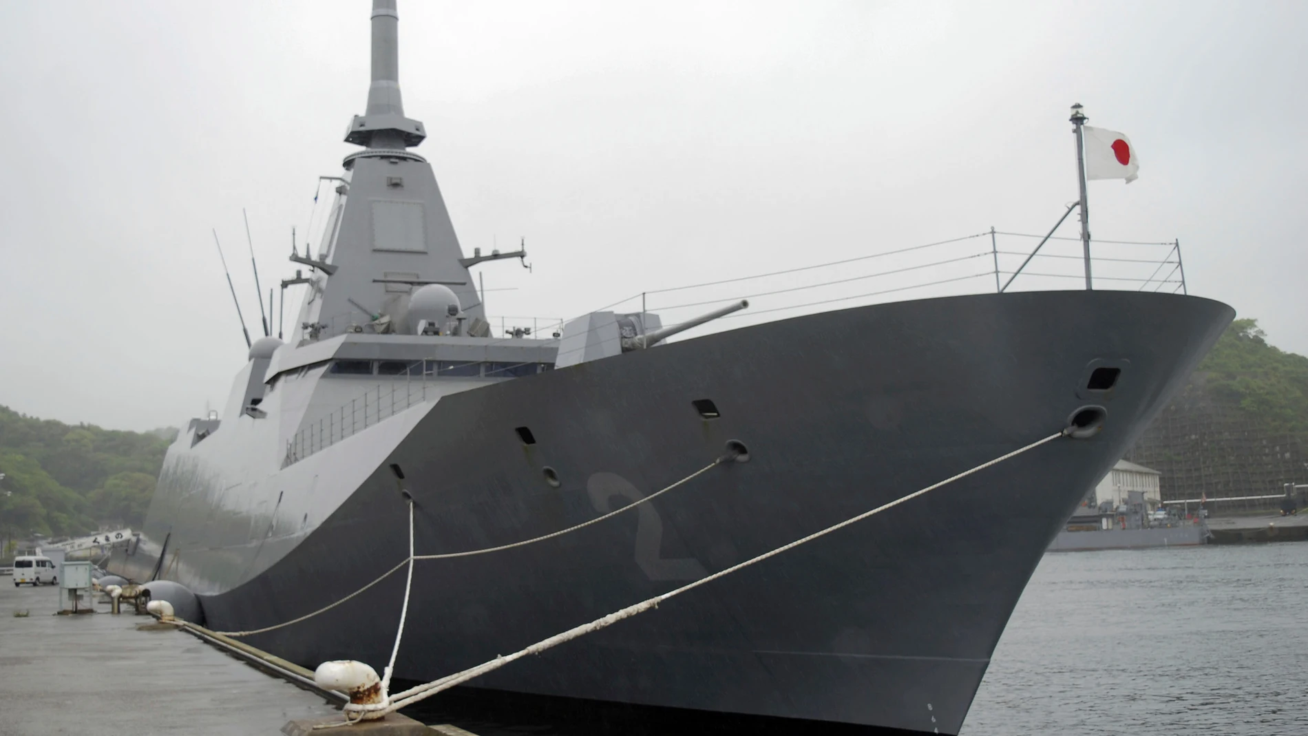 Japan’s Maritime Self-Defense Force, JS Kumano, a Mogami-class frigate is seen in Yokosuka, south of Tokyo, on April 23, 2025.(Kyodo News via AP)