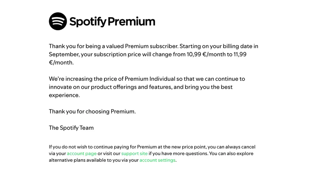 Este es el mail que está enviando Spotify a los usuario del plan Individual Premium en Europa