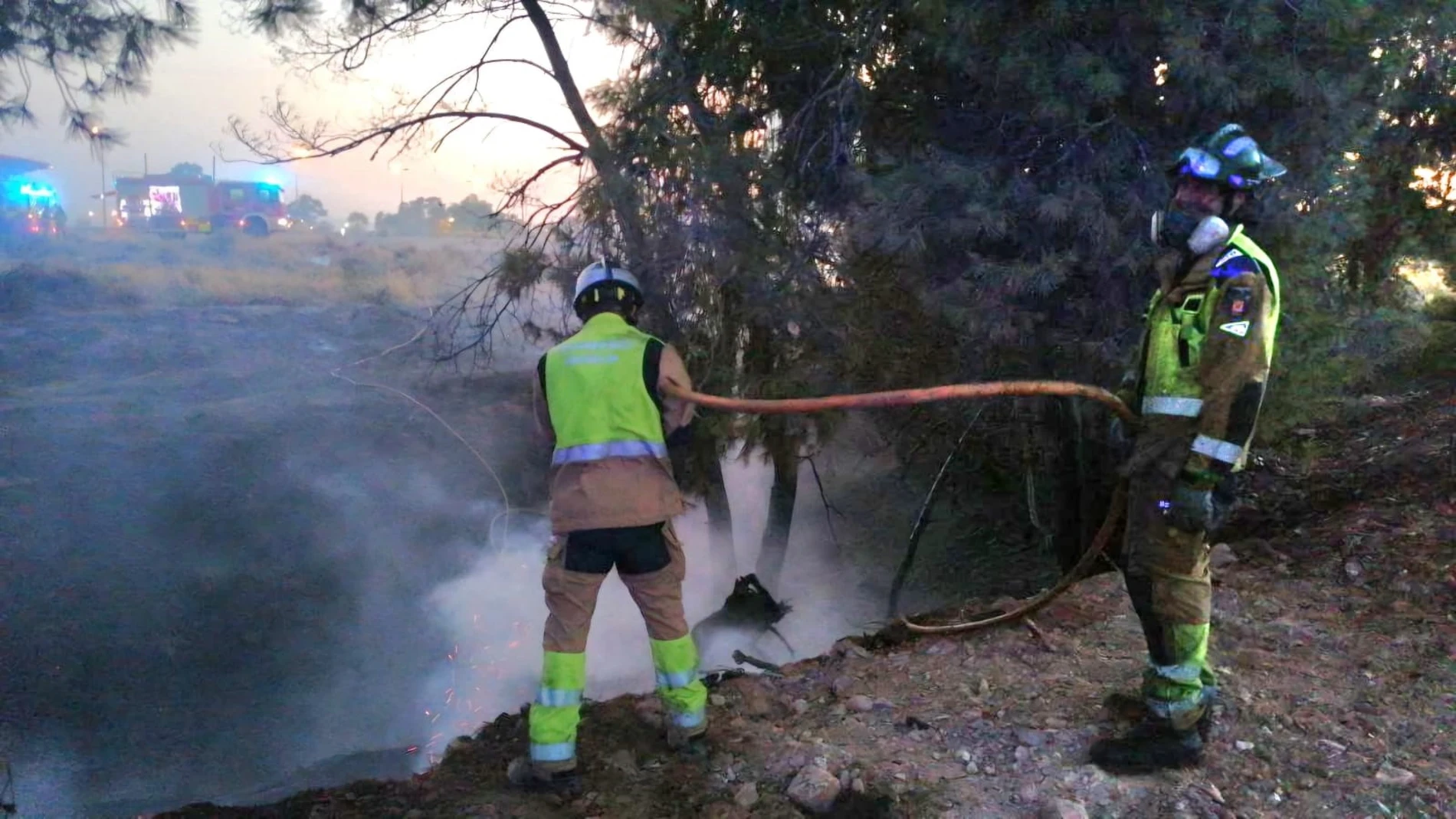 Bomberos del Servicio de Extinción de Incendios y Salvamento del Ayuntamiento de Murcia sofocan un incendio de pinos y matorral en Churra REMITIDA / HANDOUT por IMAGEN FACILITADA POR AGENTE MEDIOAMBIENTAL Fotografía remitida a medios de comunicación exclusivamente para ilustrar la noticia a la que hace referencia la imagen, y citando la procedencia de la imagen en la firma 06/08/2025