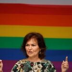 Carmen Calvo durante su intervención para dar la bienvenida a las delegaciones LGTBI del PSOE.