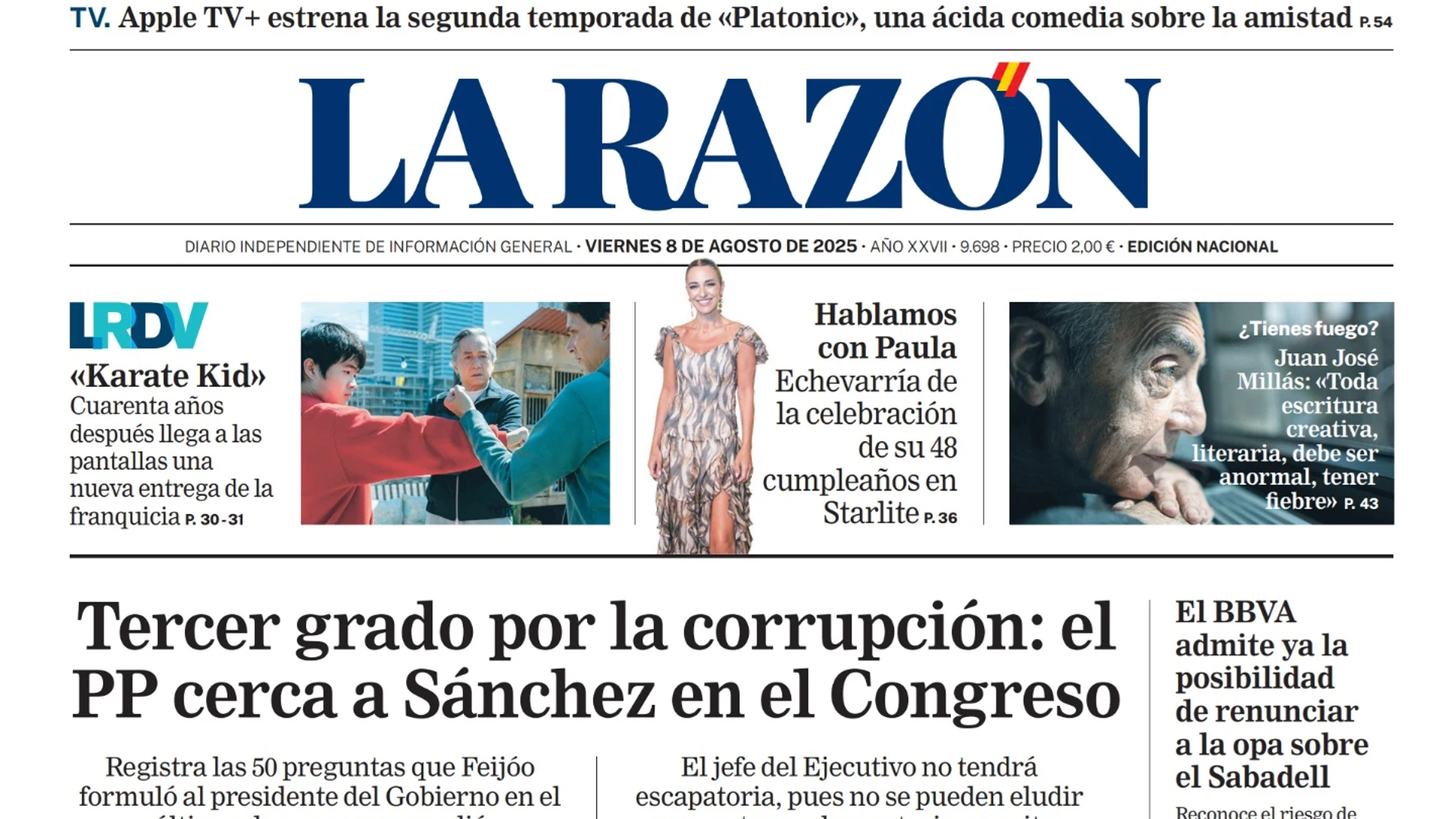 Portada de LA RAZÓN del viernes 8 de agosto de 2025