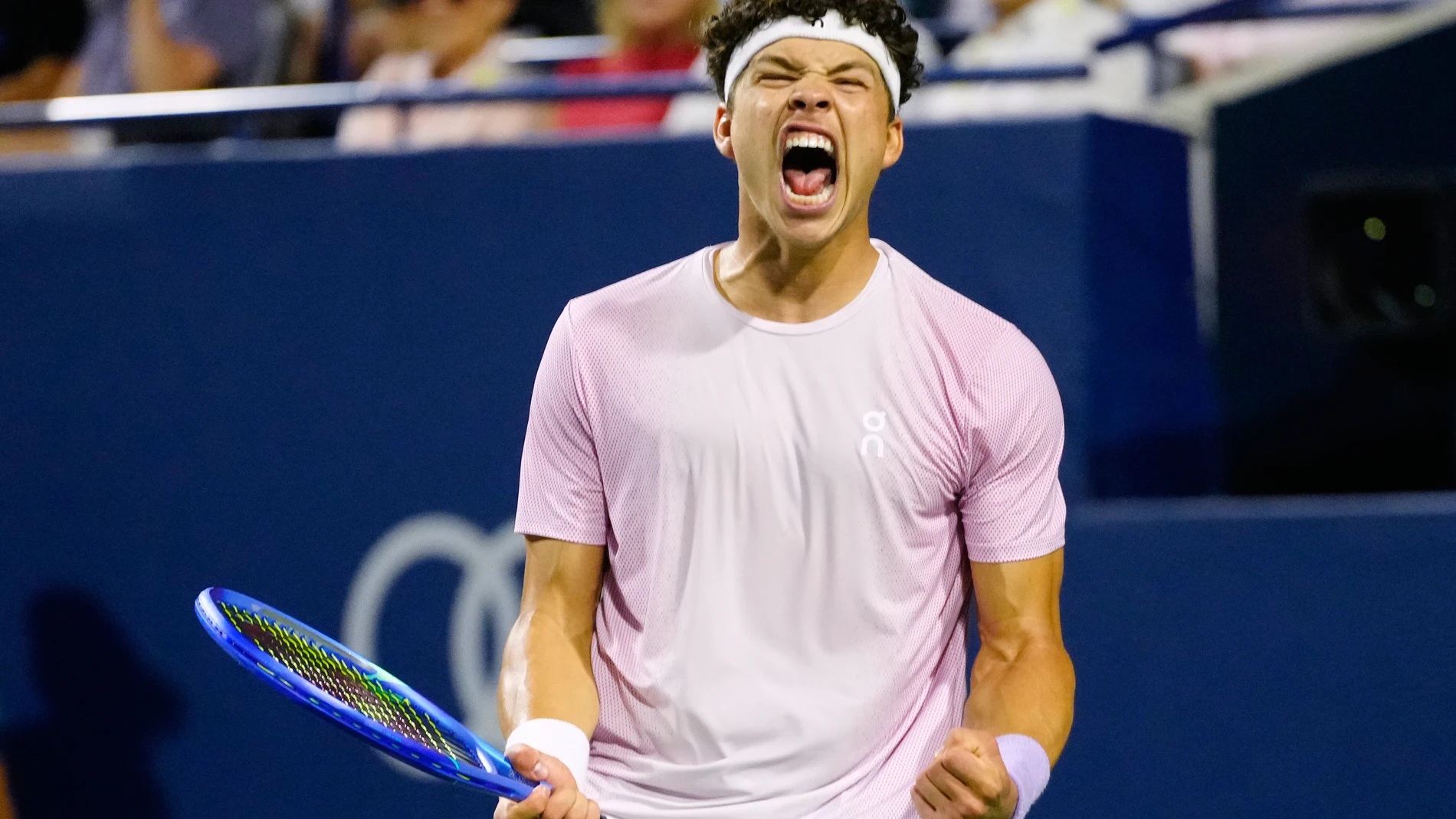 Ben Shelton, of the United States, celebrates after his win over Karen Khachanov, of Russia, in the final match at the National Bank Open men's tennis tournament in Toronto, Thursday, Aug. 7, 2025. (Frank Gunn/The Canadian Press via AP)