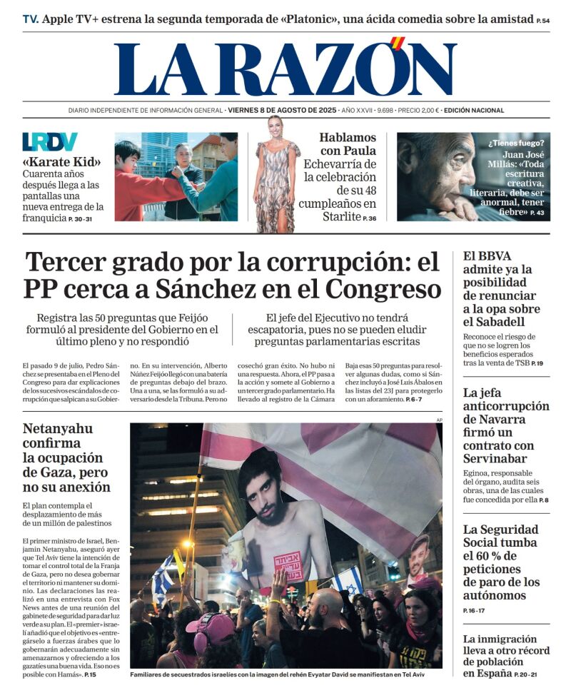 Portada de LA RAZÓN del viernes 8 de agosto de 2025