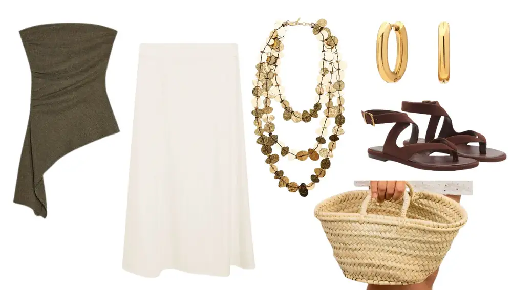 Top bandeau khaki de Zara, falda blanca midi de Massimo Dutti, collar dorado de Zara, pendientes dorados de Makedoonia, sandalias marrones de Mango y capazo de palma natural de Cestería Aparici.