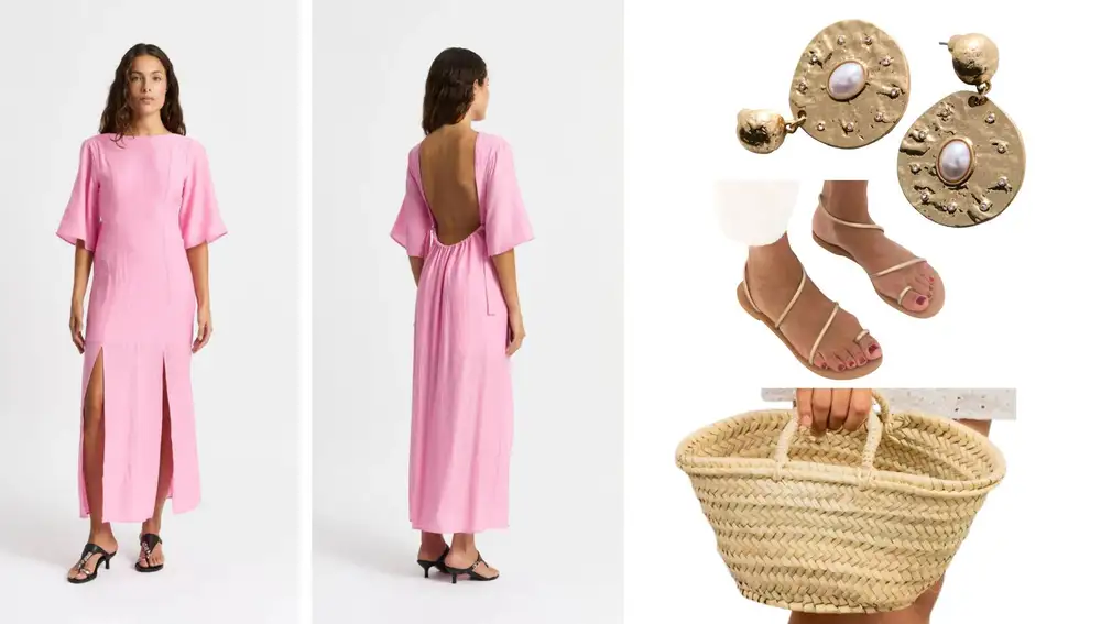 Vestido rosa midi de Laagam, pendientes dorados con perla de Mango, sandalias doradas de Mim y capazo de palma natural de Cestería Aparici.