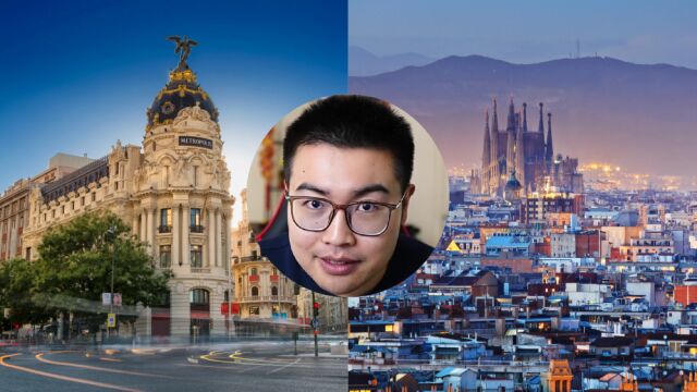La imagen de un creador de contenido junto con las fotografías de las ciudades de Madrid y Barcelona