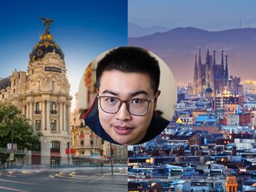 La imagen de un creador de contenido junto con las fotografías de las ciudades de Madrid y Barcelona