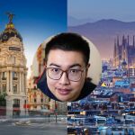 La imagen de un creador de contenido junto con las fotografías de las ciudades de Madrid y Barcelona