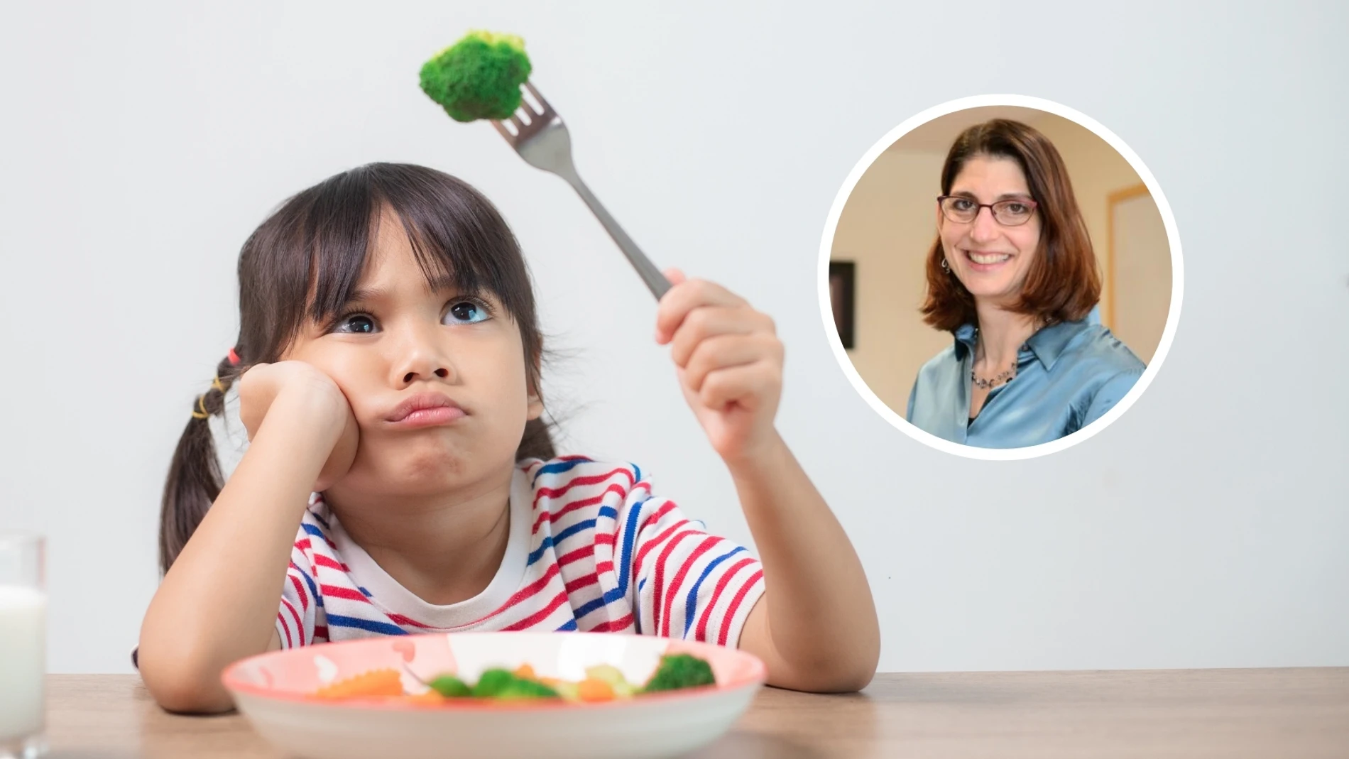 Una niña pequeña no quiere comer brócoli ni verduras o frutas, en el detalle la psicóloga de Harvard Laura D. Kubzansky