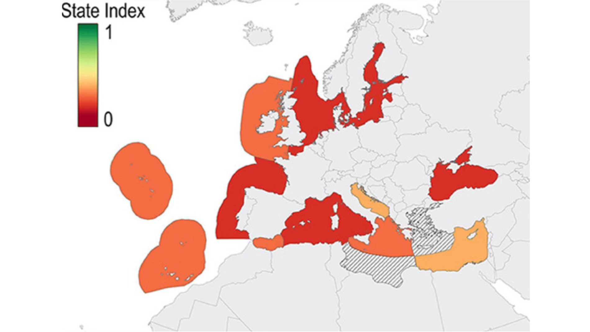 Resultados del índice de estado en los mares europeos. El rango de puntuación va de 1 a 0, indicando respectivamente la mejor y la peor puntuación posible. Las ecorregiones marcadas con rayas negras indican regiones no evaluadas. No se dispuso de datos de la Directiva Marco sobre la Estrategia Marina (MSFD) para el mar Egeo, y la meseta tunecina no está bajo la jurisdicción de la MSFD.