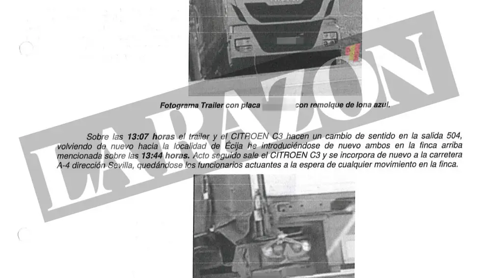 Una imagen del sumario de la organización criminal que trasladaba narcolanchas desde Portugal a España