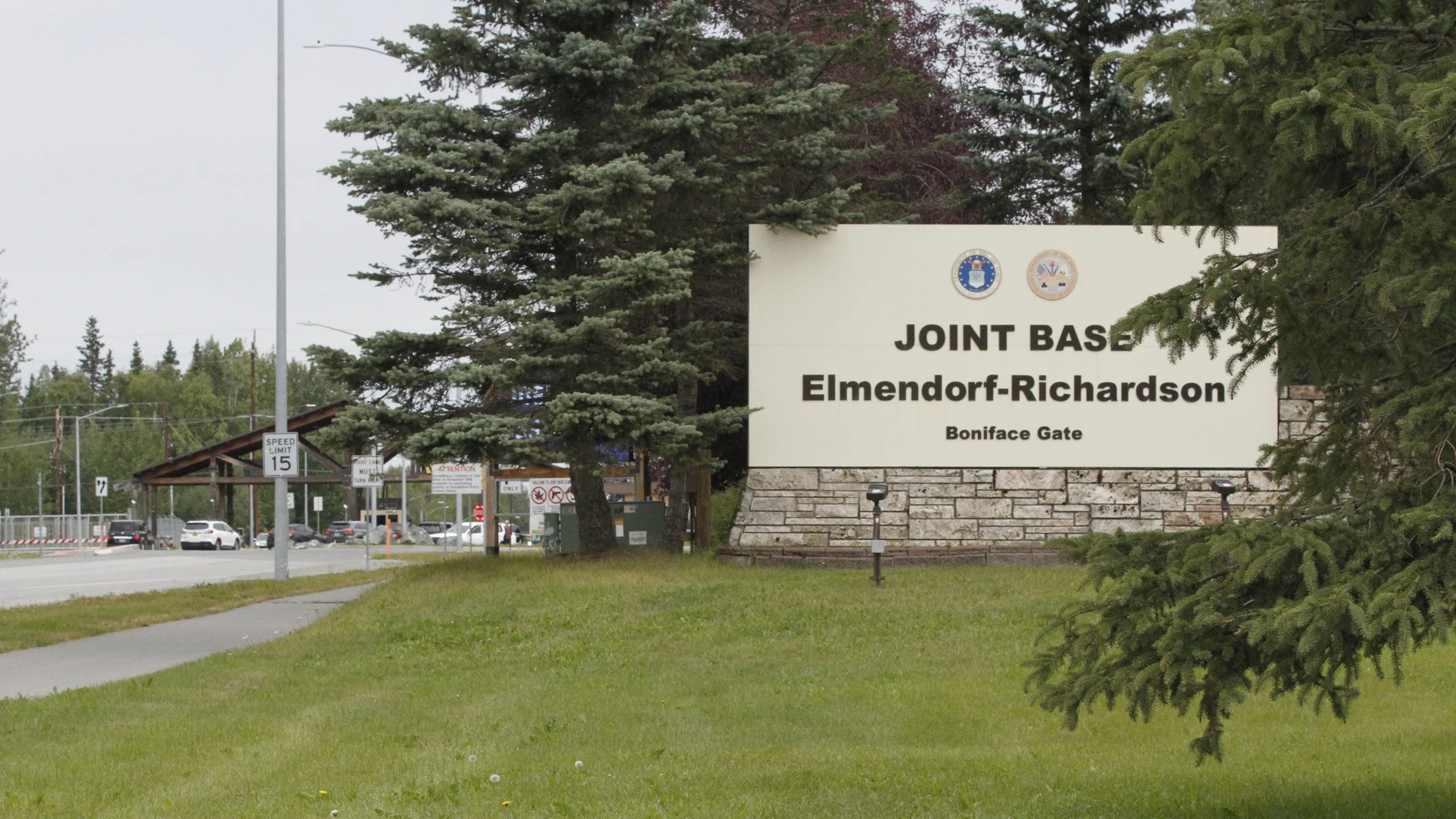 A sign marks the entrance to Joint Base Elmendorf-Richardson in Anchorage, Alaska, Wednesday, Aug. 13, 2025. (AP Photo/Mark Thiessen)