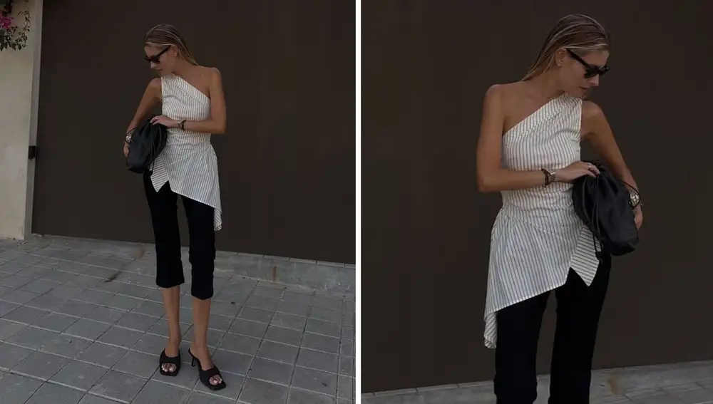 Pantalón capri negro con top asimétrico de rayas y sandalias mule de tacón bajo.