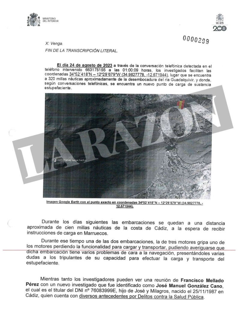 Una imagen del sumario de la organización criminal que trasladaba narcolanchas desde Portugal a España