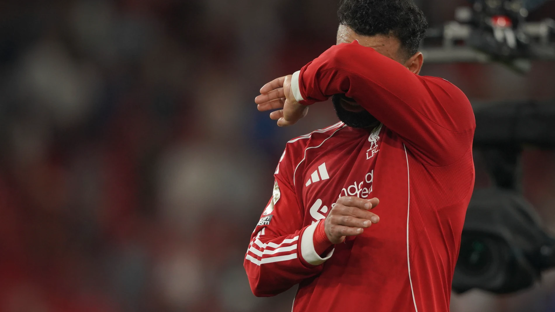 Liverpool's Mohamed Salah reacts at full time of the English Premier League soccer match between Liverpool and Bournemouth at Anfield stadium in Liverpool, England, Friday, Aug. 15, 2025. (AP Photo/Ian Hodgson)