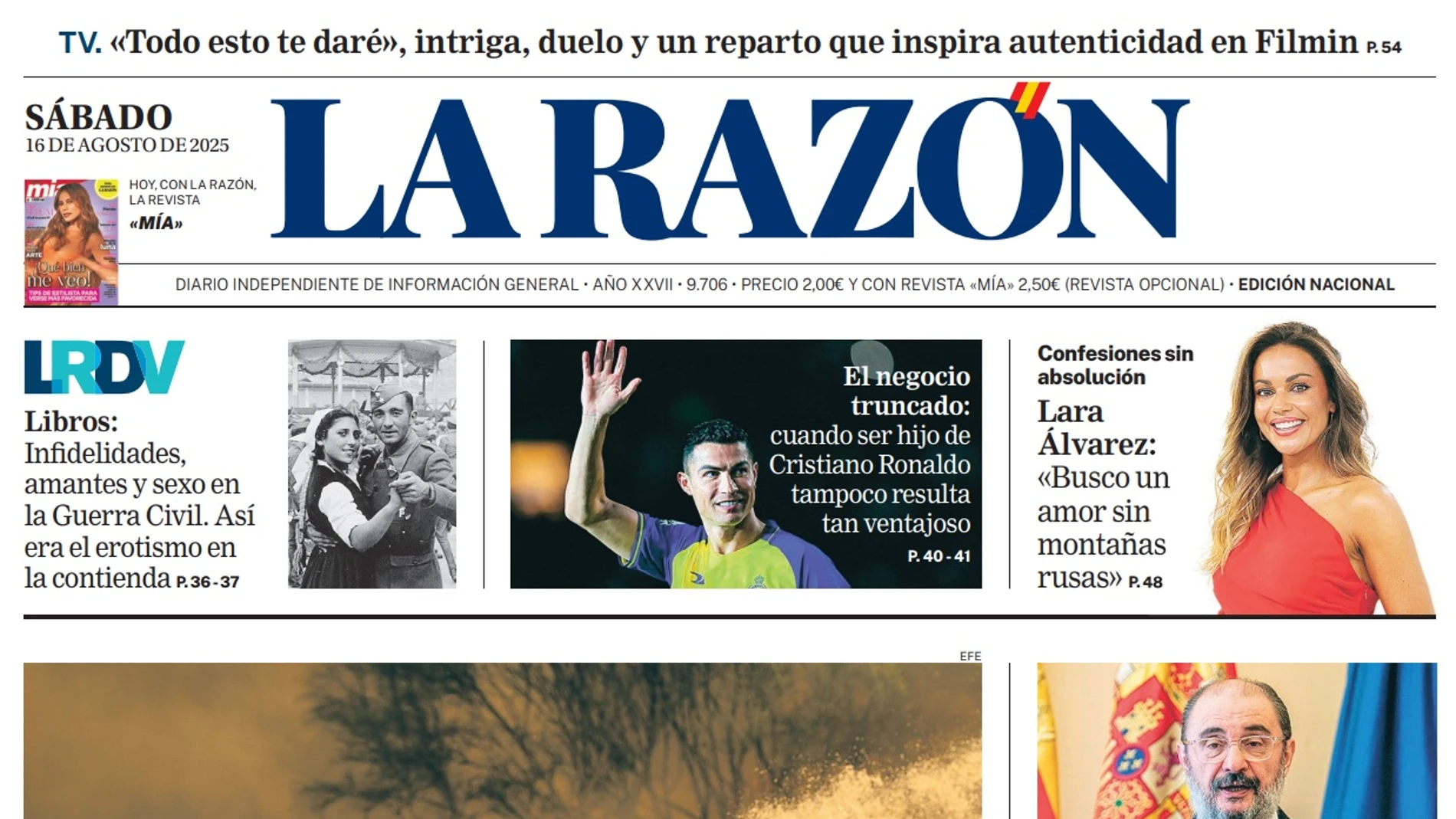 Portada de LA RAZÓN del sábado 16 de agosto de 2025