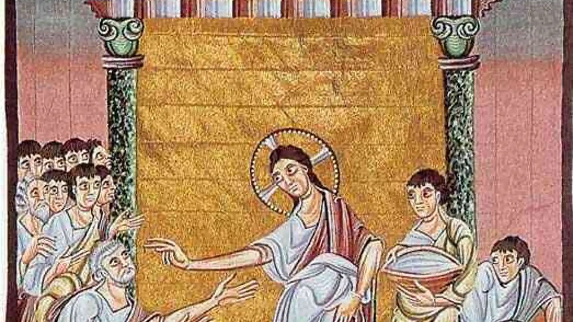 Cristo lavando los pies a los apóstoles", miniatura del Evangeliario de Otto III (siglo XI)