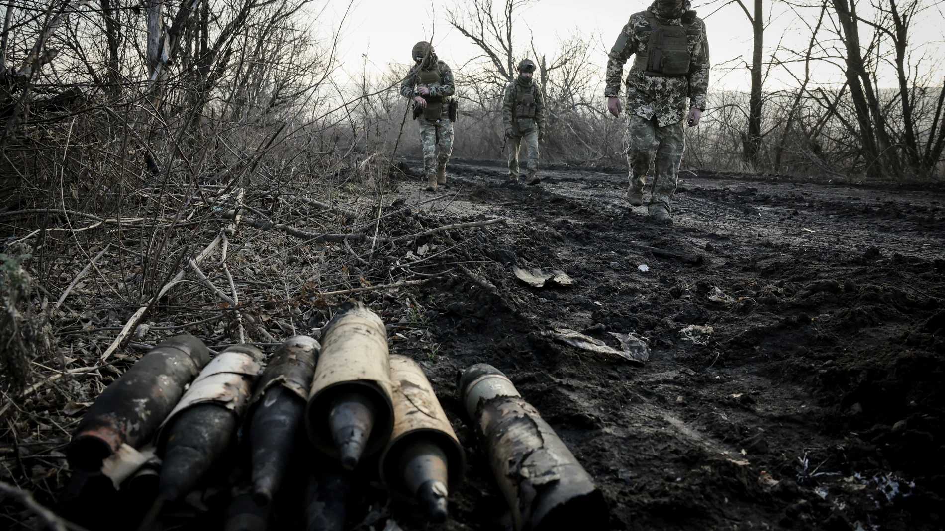 FILE - Ukrainian servicemen collect damaged ammunition on the road at the front line near Chasiv Yar town, in Donetsk region, Ukraine, Ukraine, Jan. 10, 2025. (Oleg Petrasiuk/Ukraine's 24th Mechanised Brigade via AP, File)
