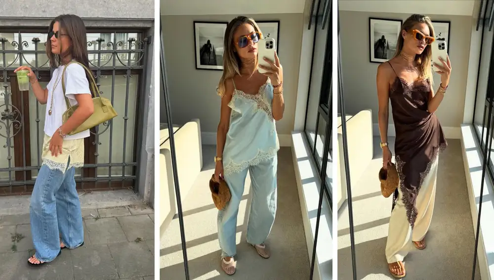 Tops lenceros largos combinados con pantalones en looks de entretiempo.